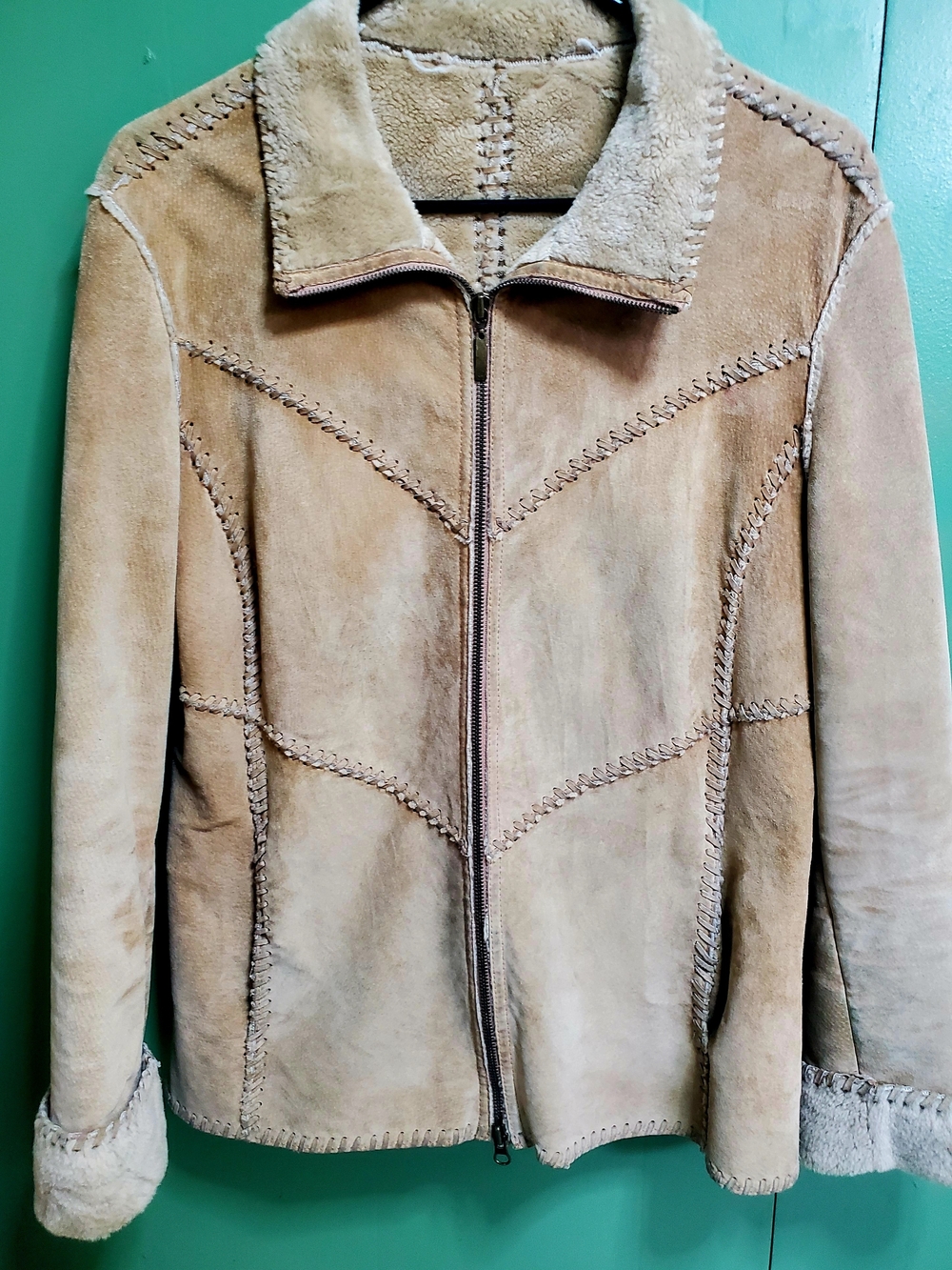 Women's Tan Suede Shearling-Trim Zip Jacket